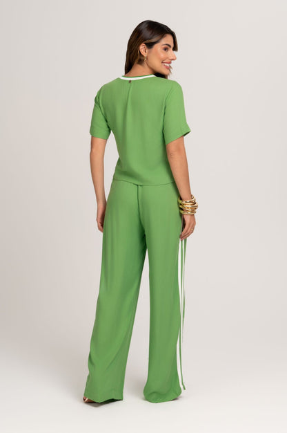 Calça Pantalona Verde De Viscose Com Listras Frysaide