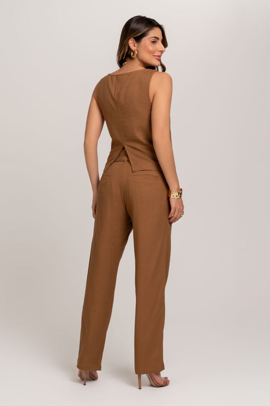 Calca Reta De Linho Marrom Com Cinto Forrado Frysaide