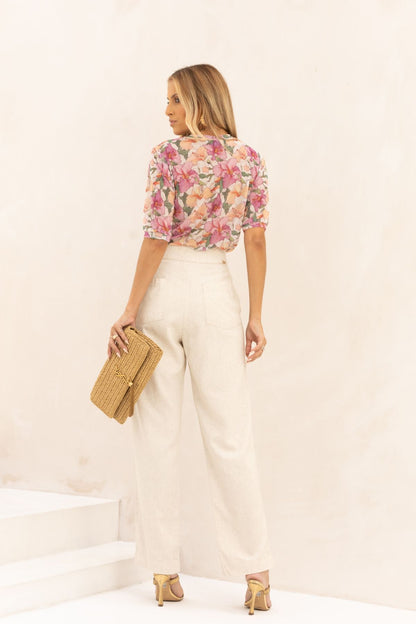 Calça Reta De Linho Zoe Natural Bege Frysaide