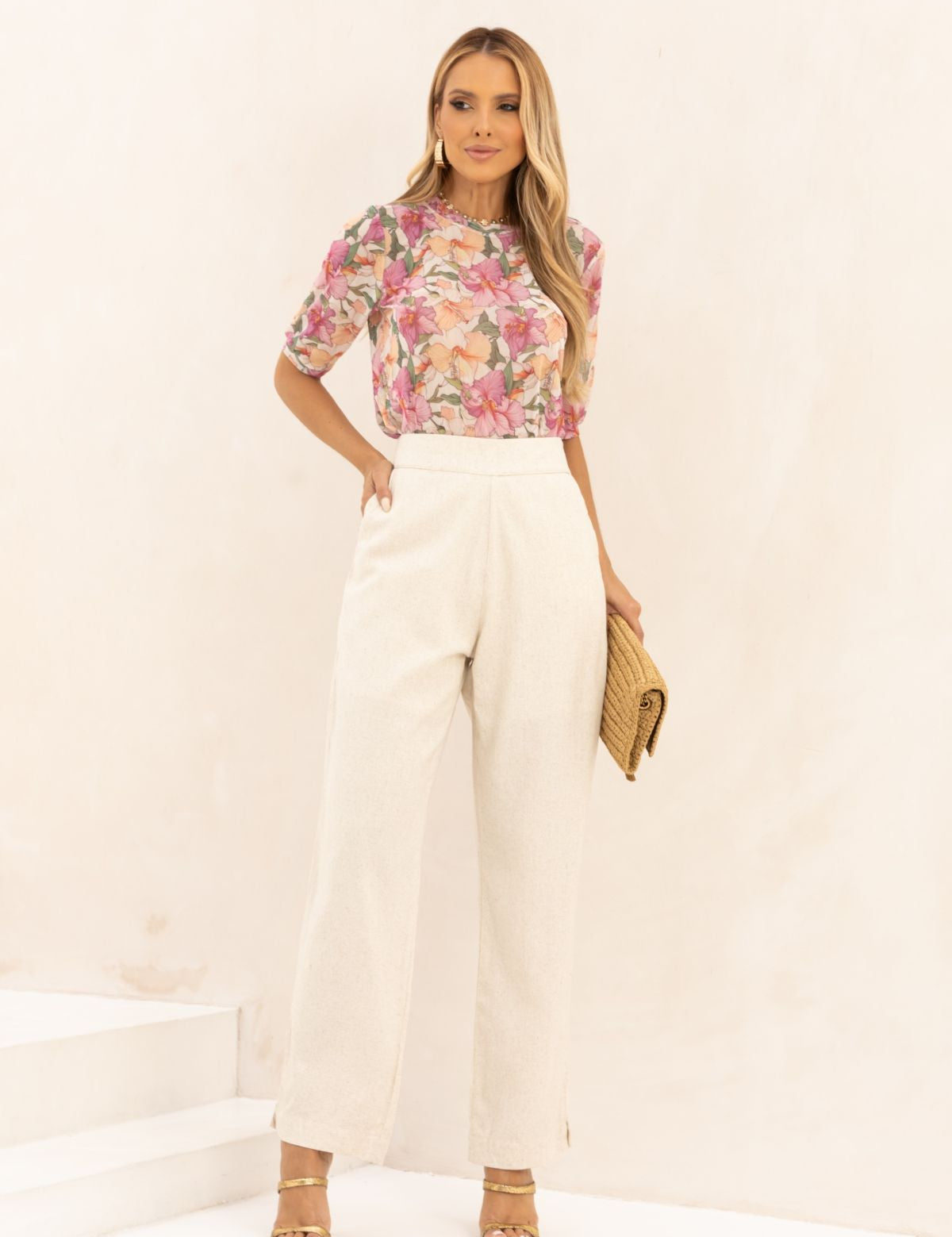 Calça Reta De Linho Zoe Natural Bege Frysaide