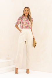Calça Reta De Linho Zoe Natural Bege Frysaide