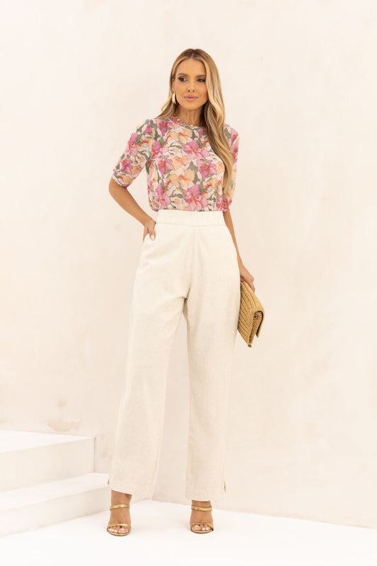 Calça Reta De Linho Zoe Natural Bege Frysaide