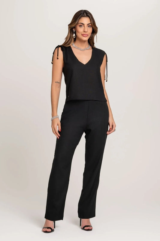 Calça Reta De Linho Zoe Preta Frysaide 