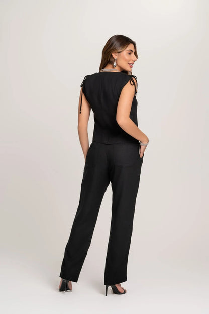 Calça Reta De Linho Zoe Preta Frysaide 