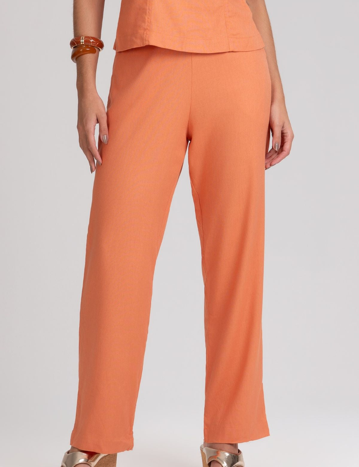 Calça Reta Frysaide Laranja Linho Cintura Média