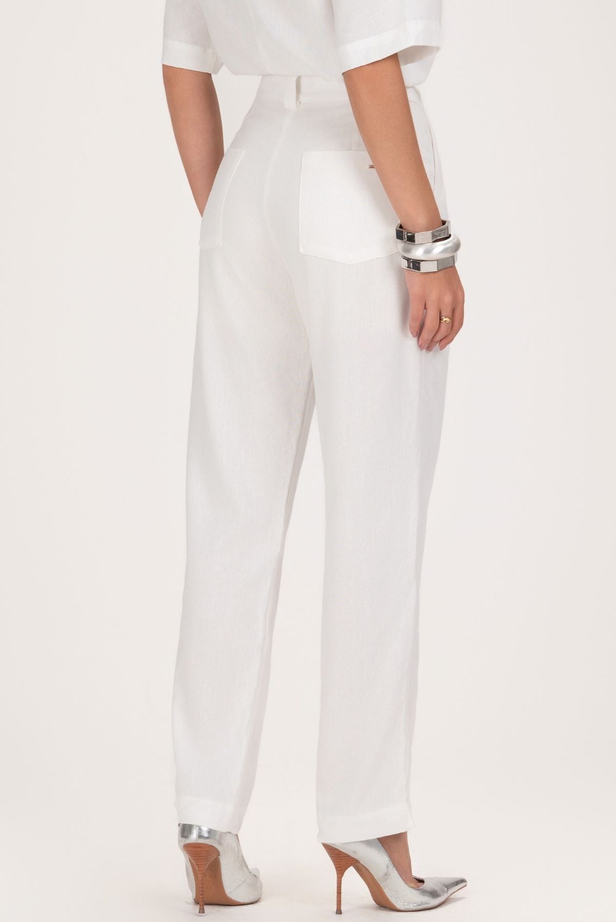 Calça Reta Frysaide Off White Linho Cintura Alta