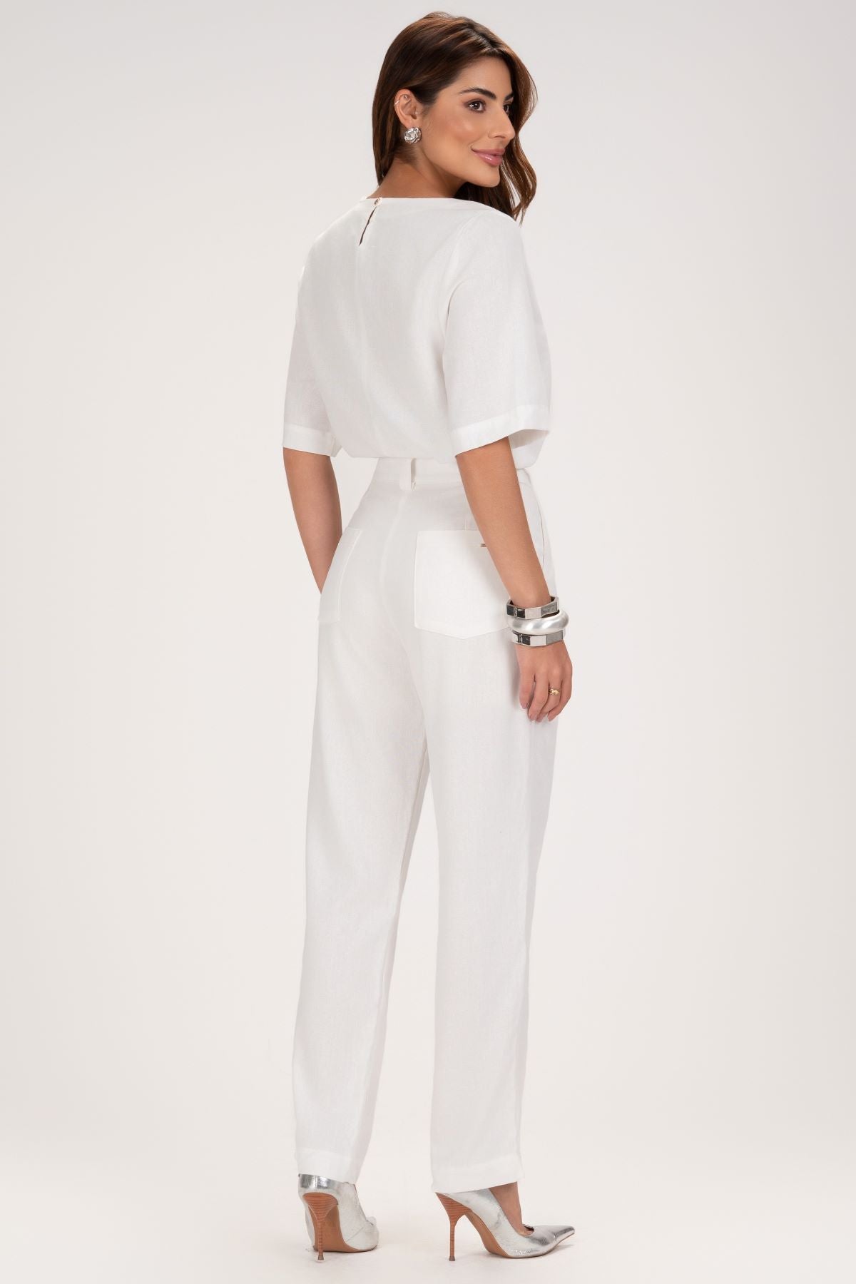 Calça Reta Frysaide Off White Linho Cintura Alta