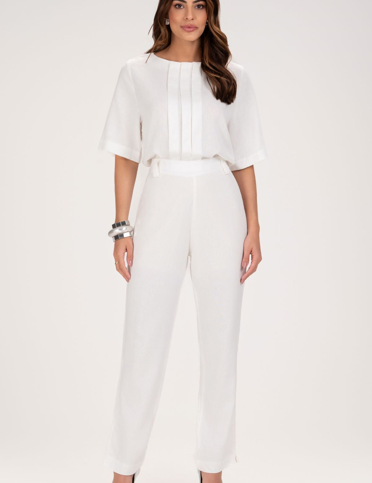 Calça Reta Frysaide Off White Linho Cintura Alta