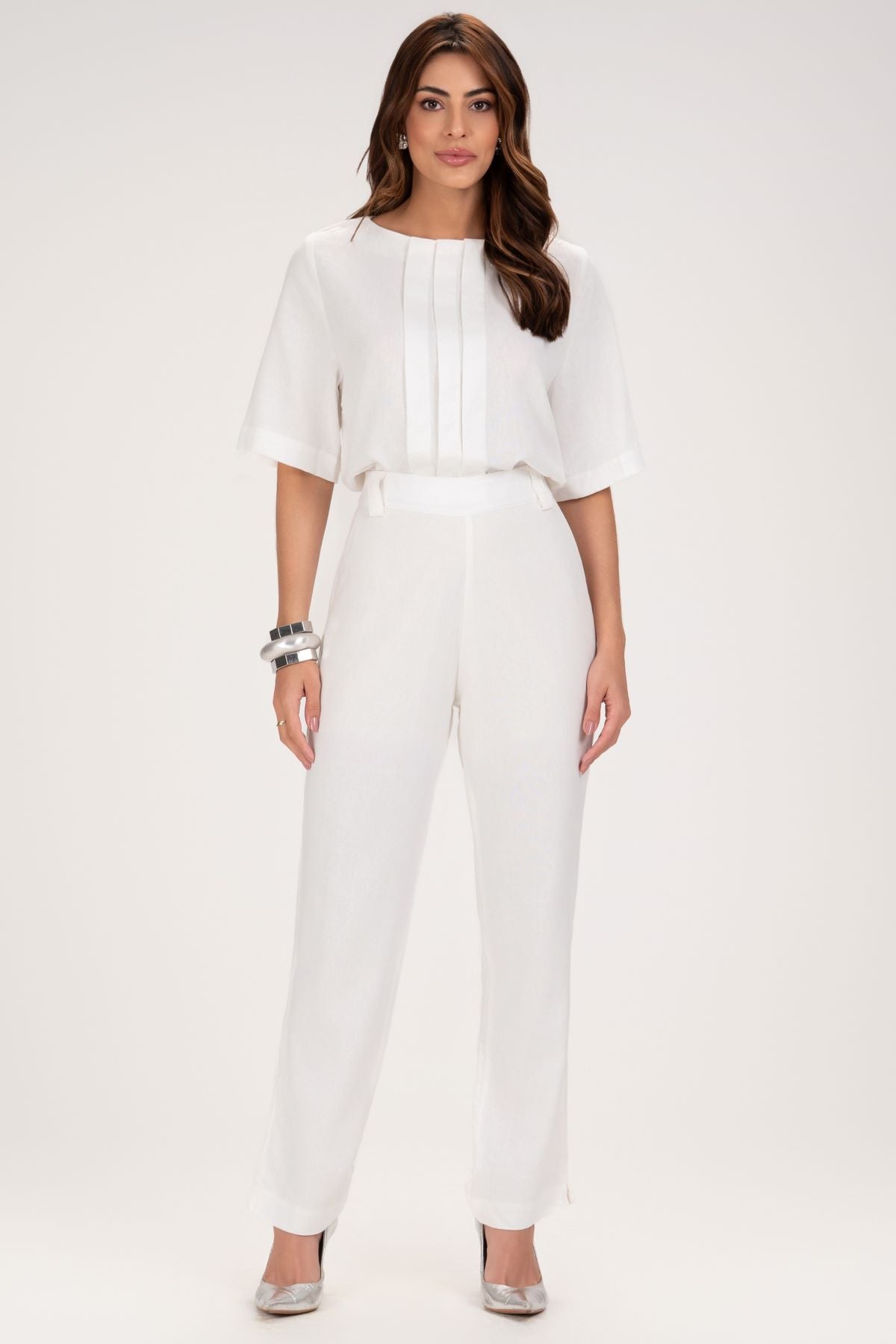 Calça Reta Frysaide Off White Linho Cintura Alta