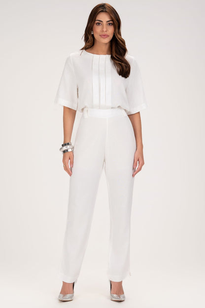 Calça Reta Frysaide Off White Linho Cintura Alta