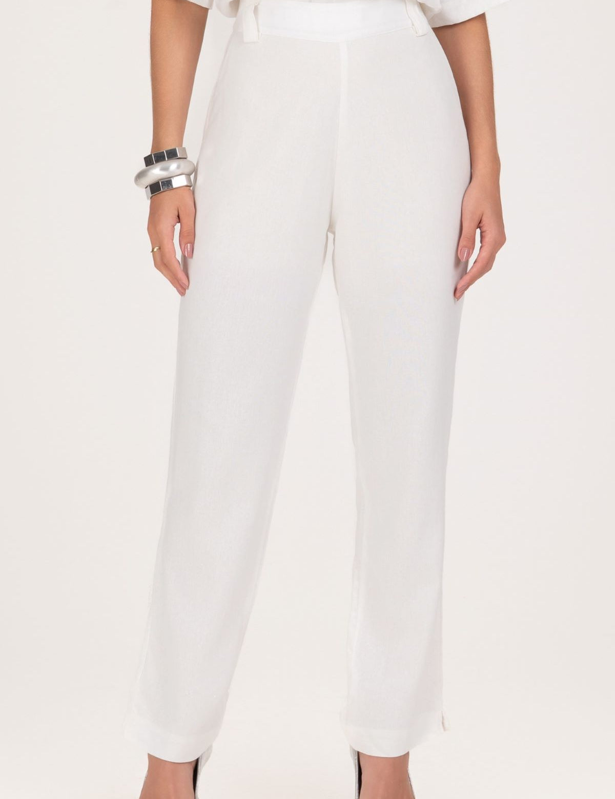 Calça Reta Frysaide Off White Linho Cintura Alta