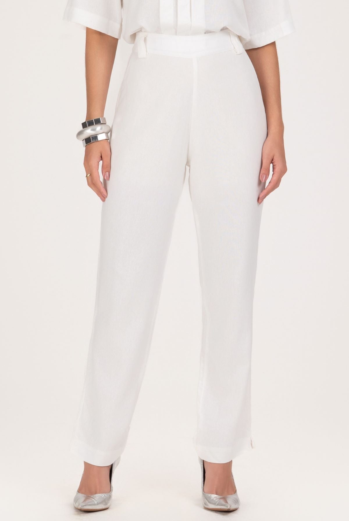 Calça Reta Frysaide Off White Linho Cintura Alta