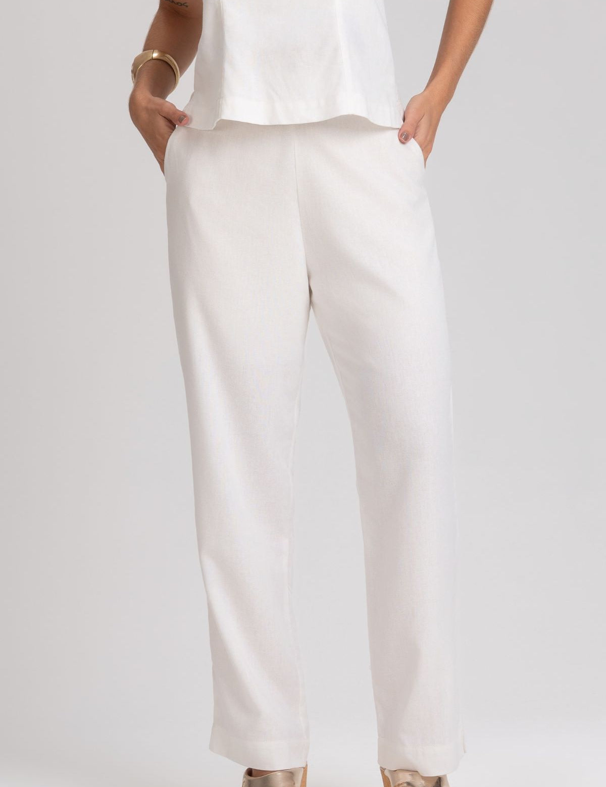 Calça Reta Frysaide Off White Linho Cintura Alta