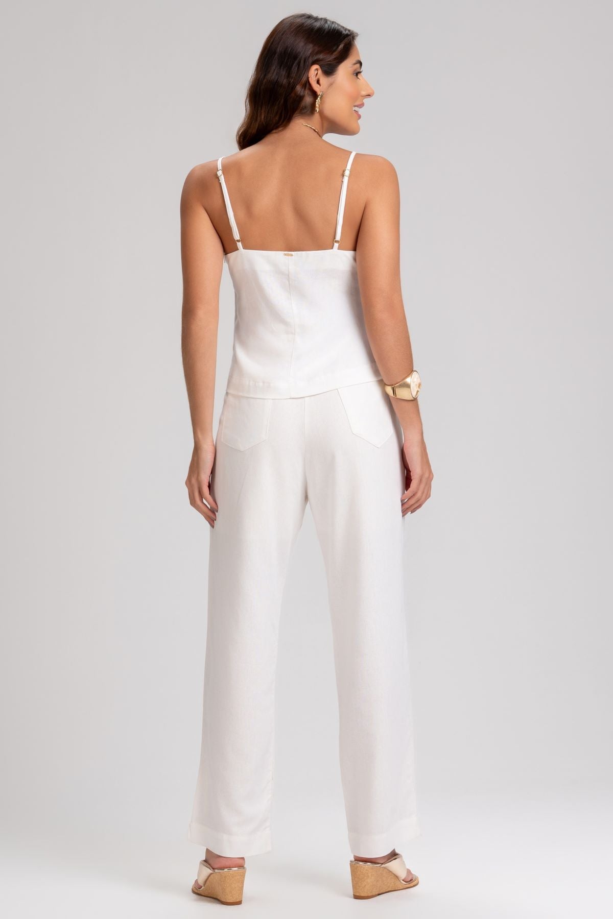 Calça Reta Frysaide Off White Linho Cintura Alta