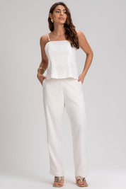 Calça Reta Frysaide Off White Linho Cintura Alta