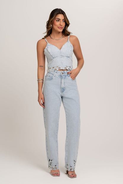  Calça Reta Jeans Bordado Frysaide 