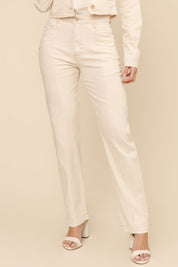 Calça Reta Lottus Off White Linho Cintura Alta