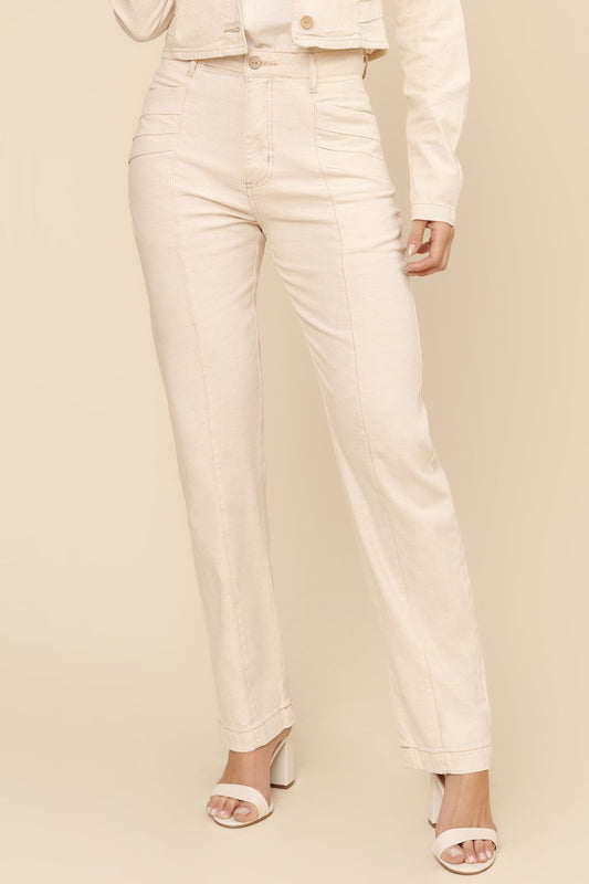 Calça Reta Lottus Off White Linho Cintura Alta