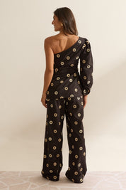 Calça Wide Leg Flo Maria Preta Bordado Disco