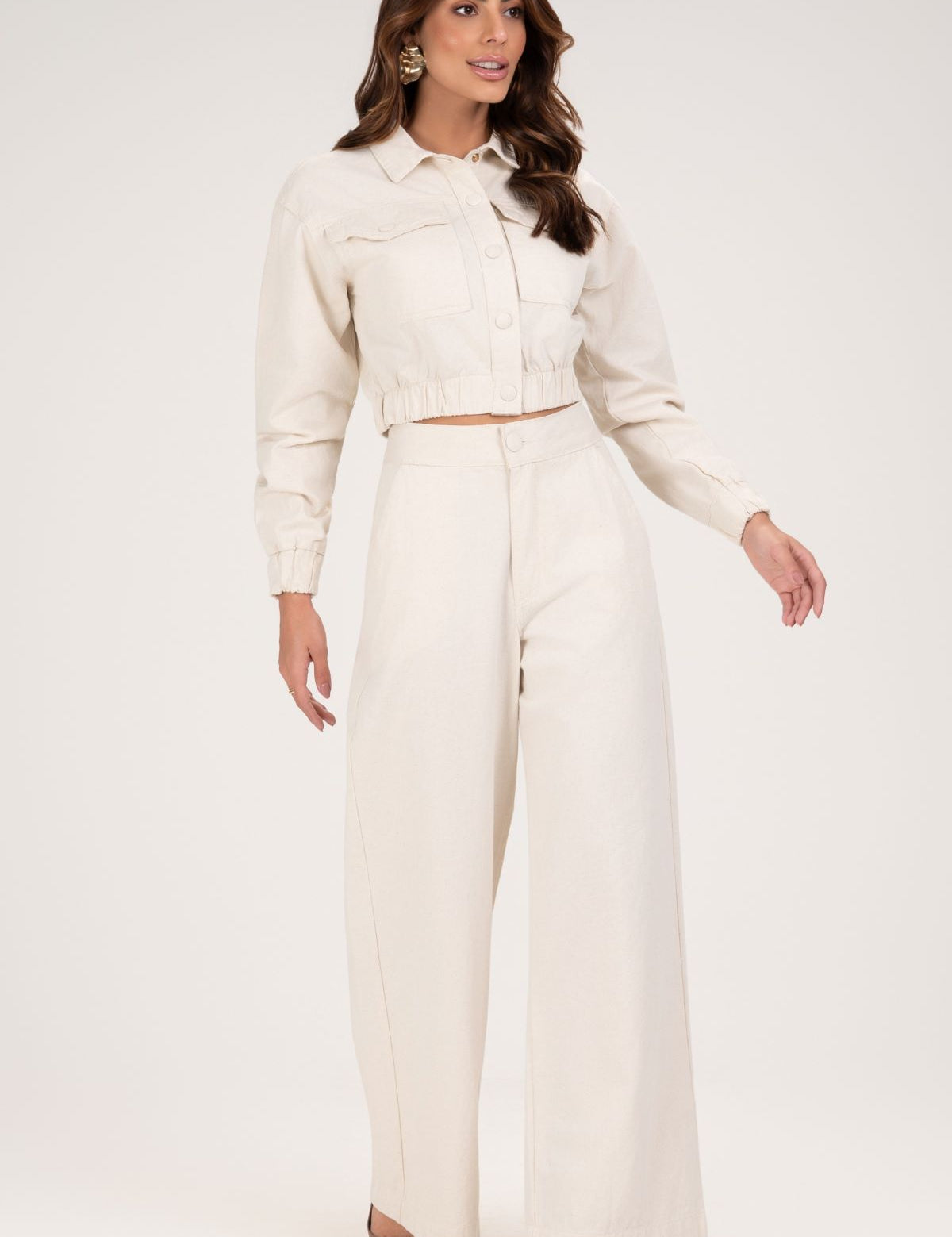 Calça Wide Leg Frysaide Off White Cintura Alta