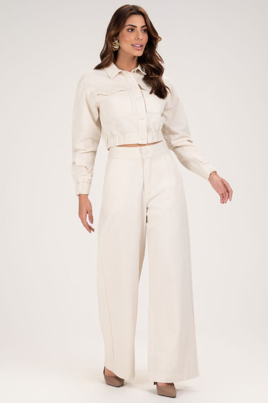 Calça Wide Leg Frysaide Off White Cintura Alta