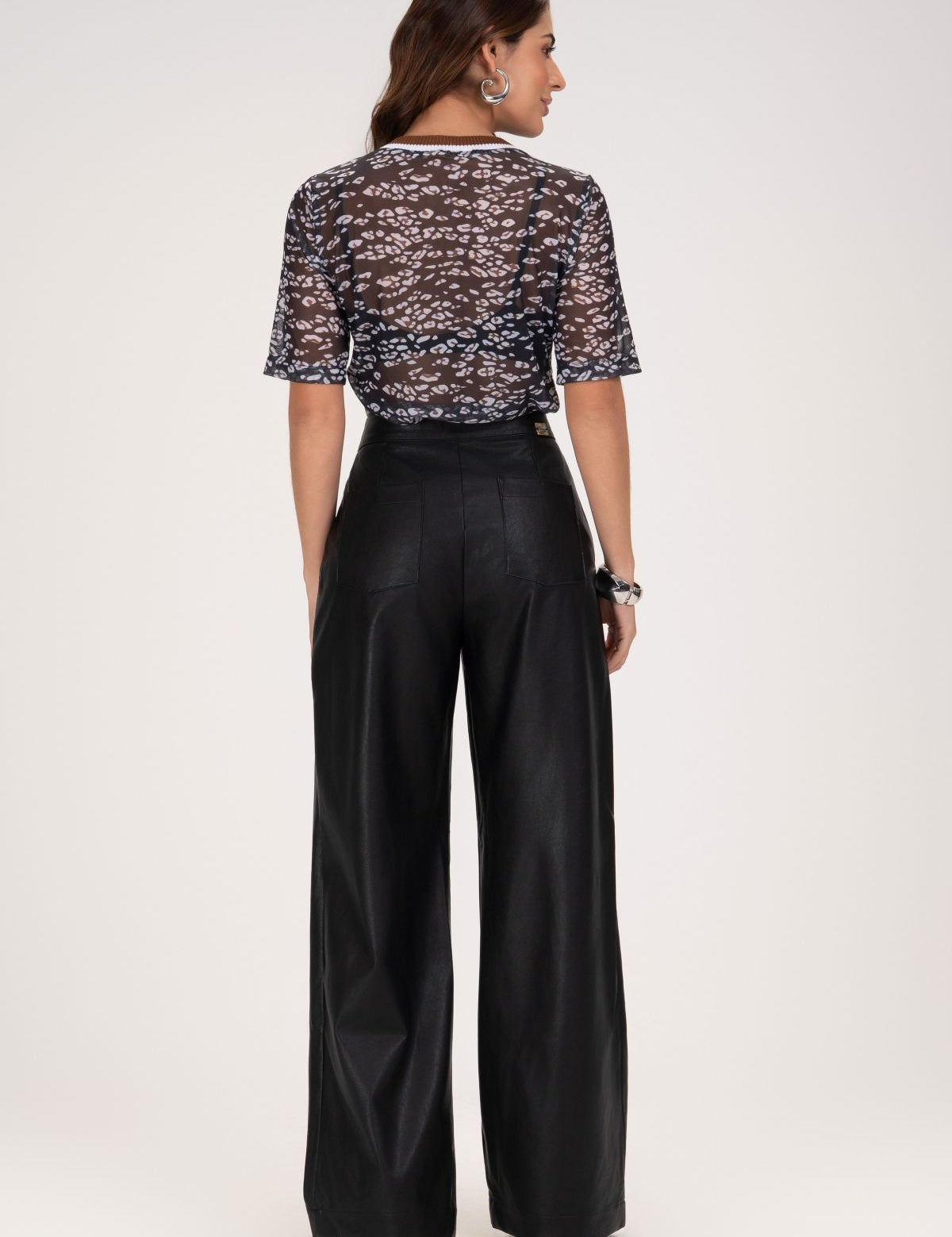 Calça Wide Leg Frysaide Preta Couro Cintura Alta