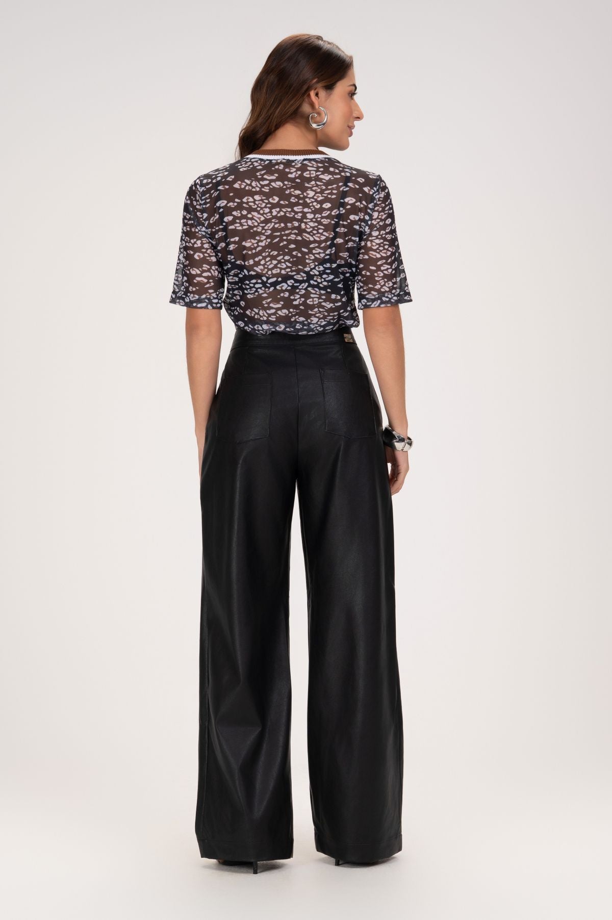 Calça Wide Leg Frysaide Preta Couro Cintura Alta