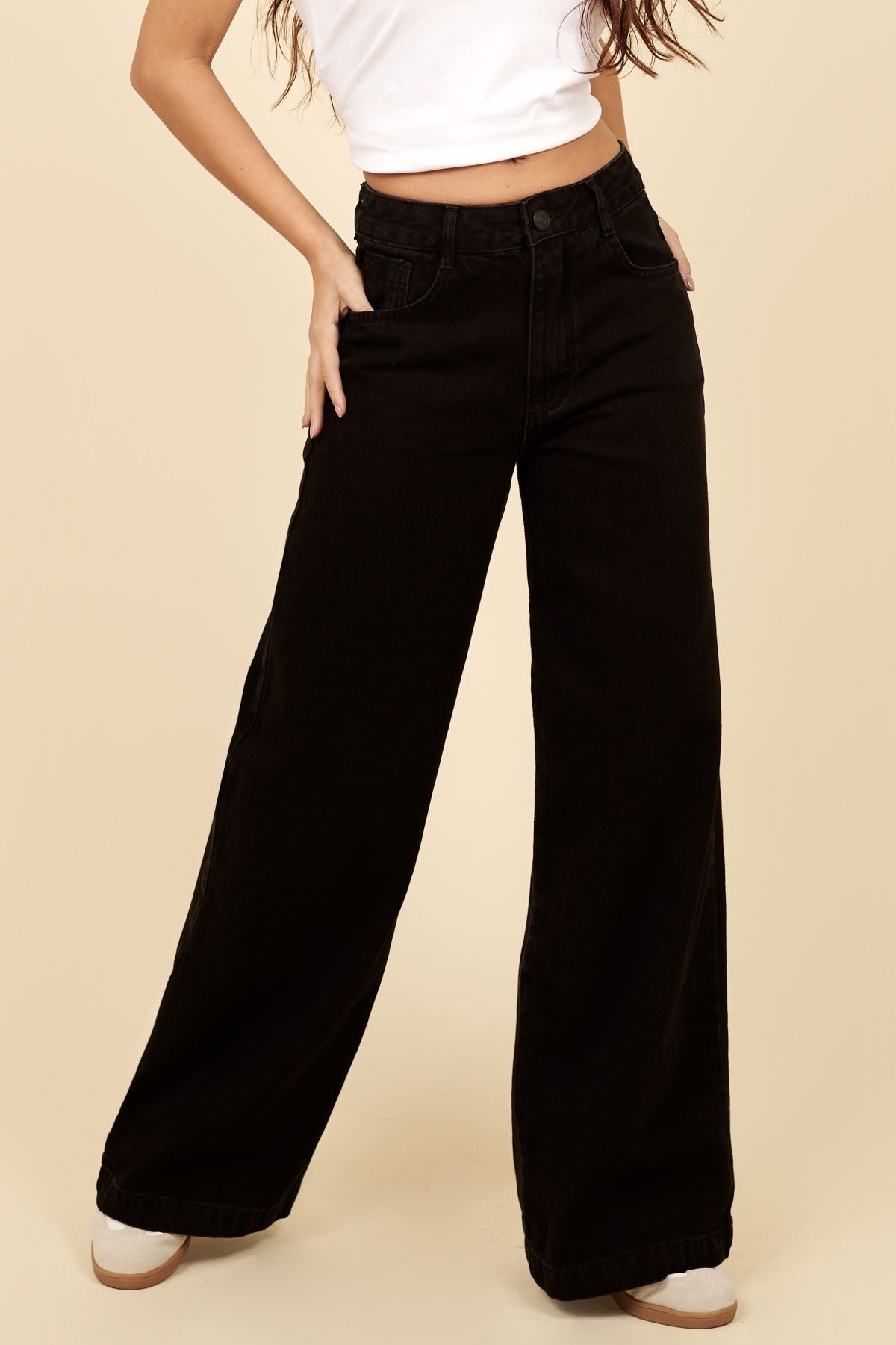 Calça Wide Leg Lottus Preta Cintura Alta