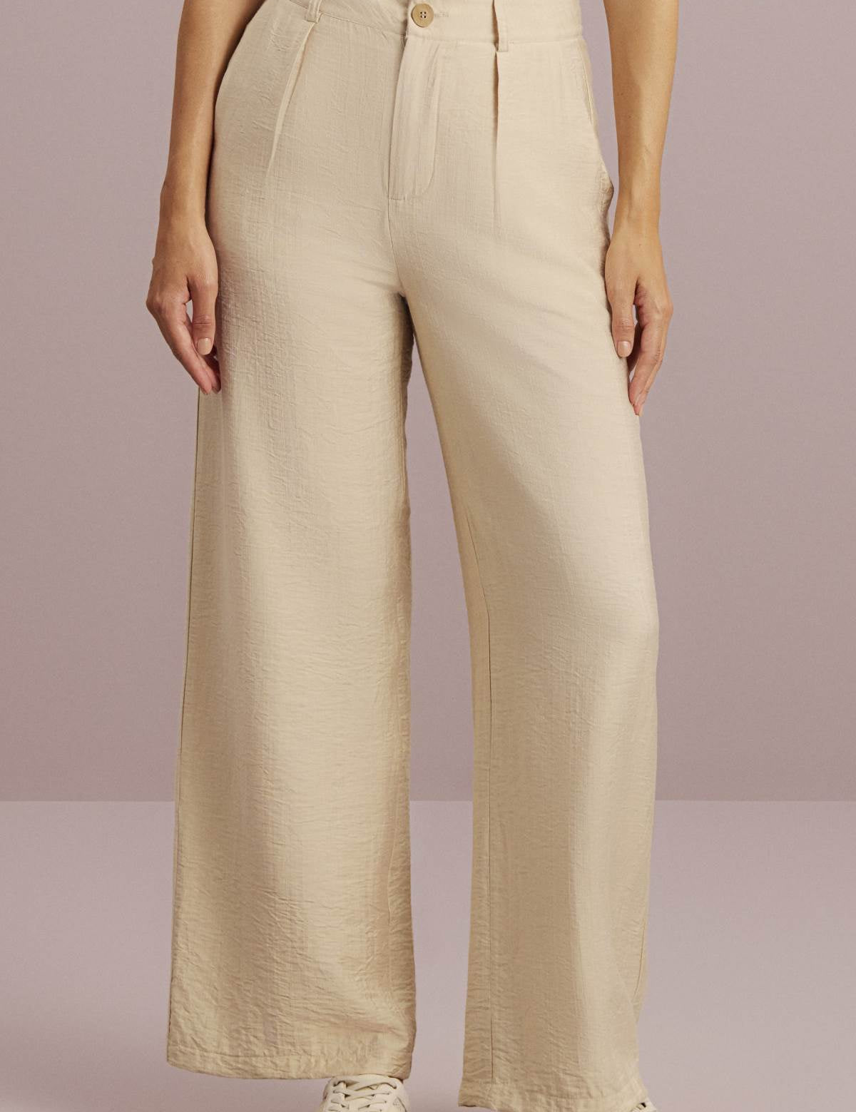 Calça Wide Leg Meia Loka Bege Alfaiataria