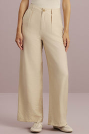 Calça Wide Leg Meia Loka Bege Alfaiataria