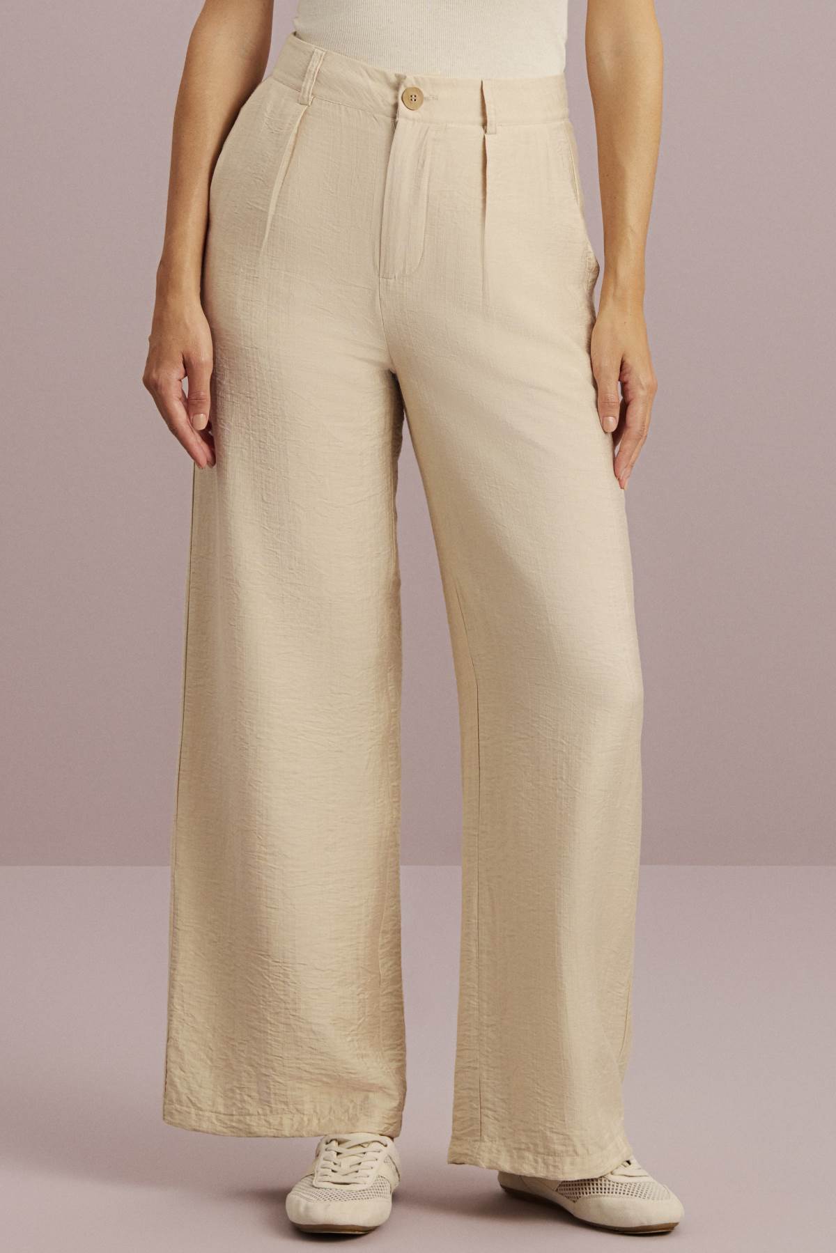 Calça Wide Leg Meia Loka Bege Alfaiataria