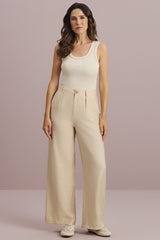 Calça Wide Leg Meia Loka Bege Alfaiataria