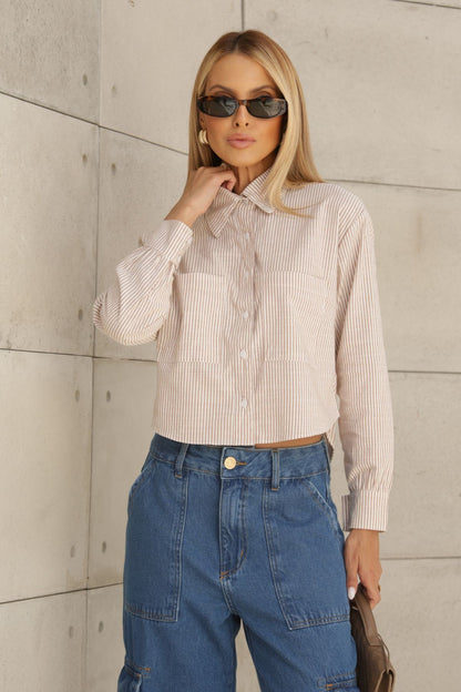 Camisa Cropped Frysaide Bege Listrada Manga Longa