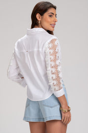 Camisa Cropped Frysaide Branca Guipir Nas Mangas