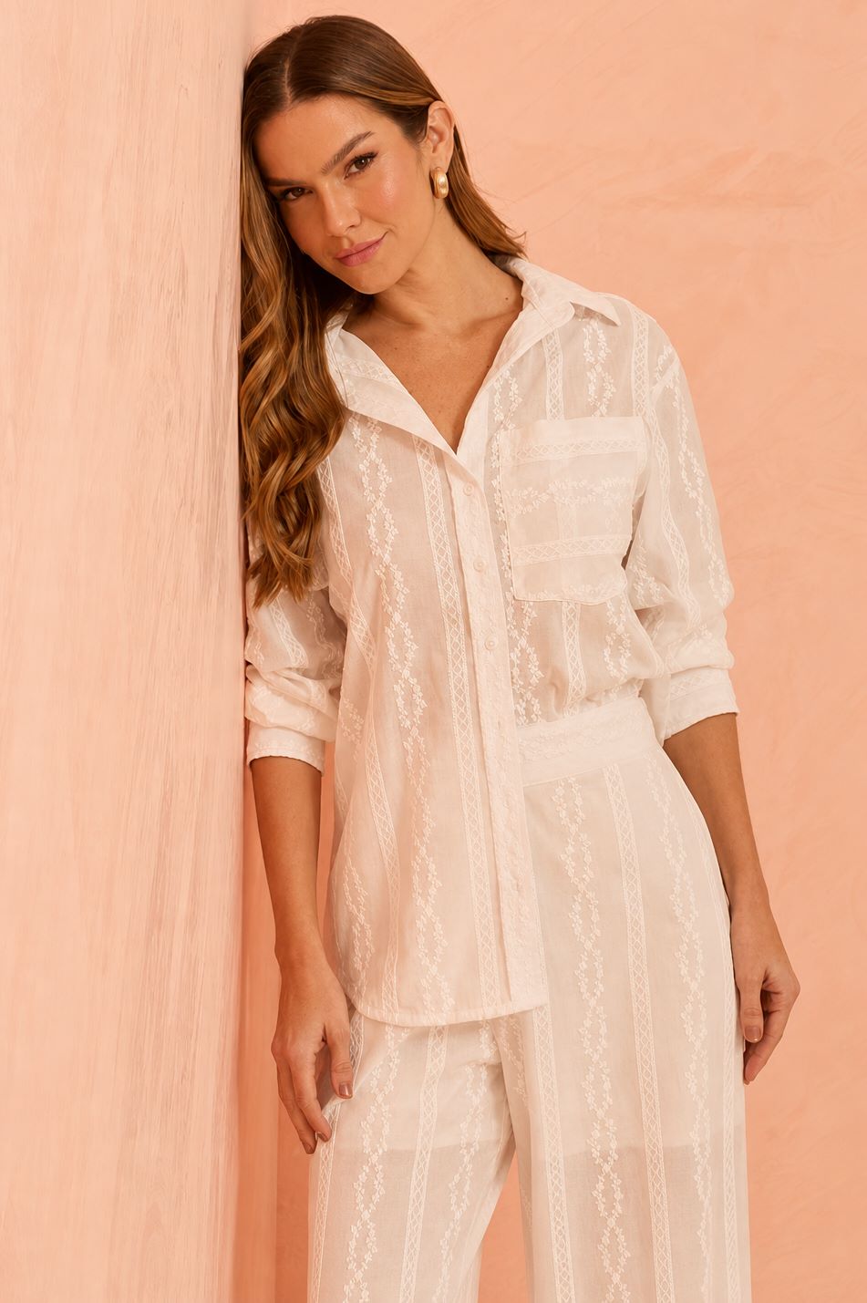 Camisa Flo Maria Off White Listras Texturizadas