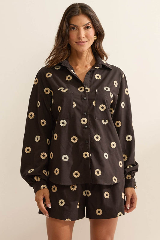 Camisa Flo Maria Preta Bordado Poá