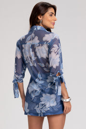 Camisa Frysaide Azul Tule Floral Transparente
