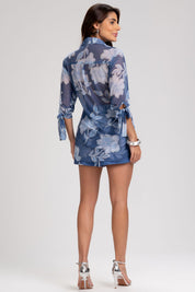 Camisa Frysaide Azul Tule Floral Transparente