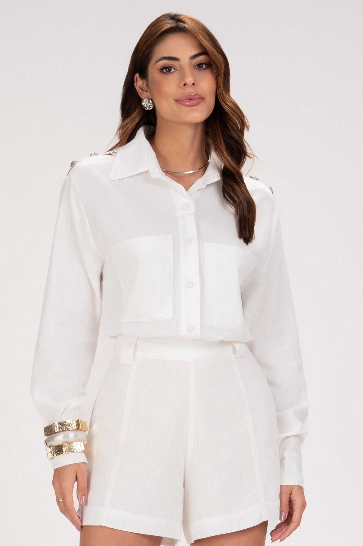Camisa Frysaide Off White Linho Detalhe Metal