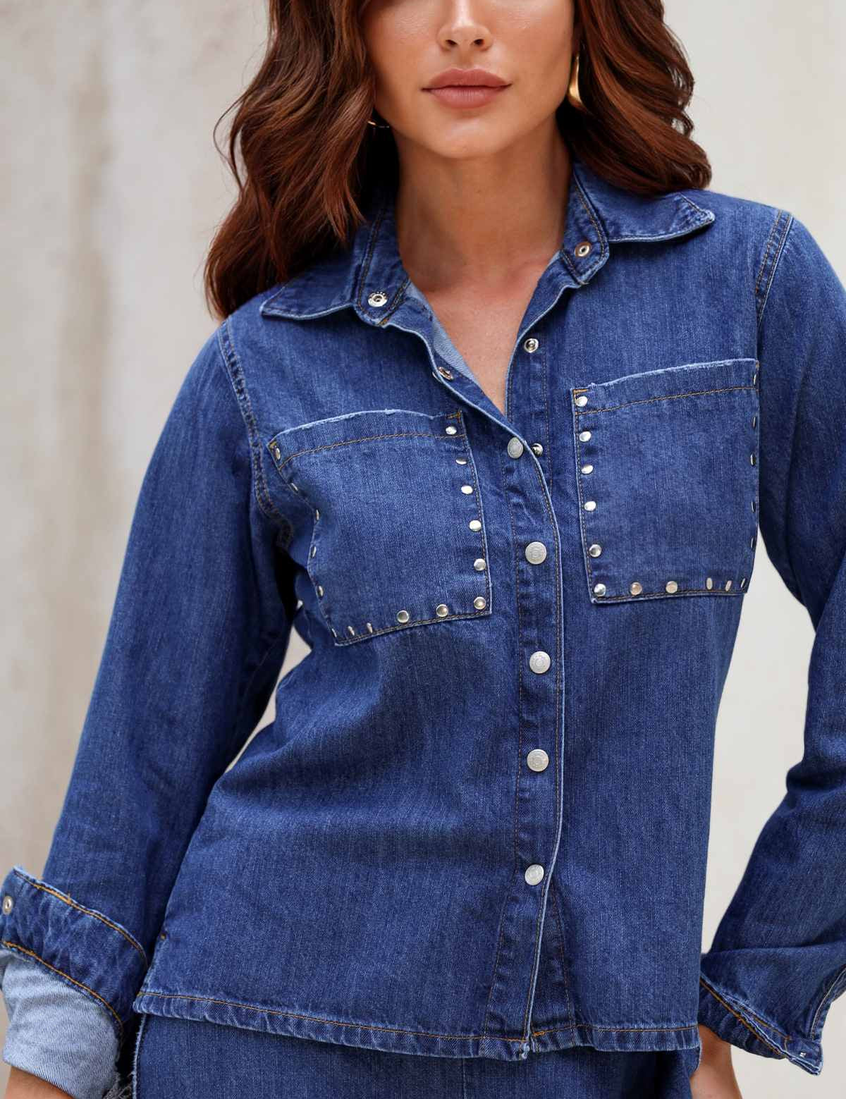 Camisa Jeans Frysaide Azul Bolsos Com Rebites