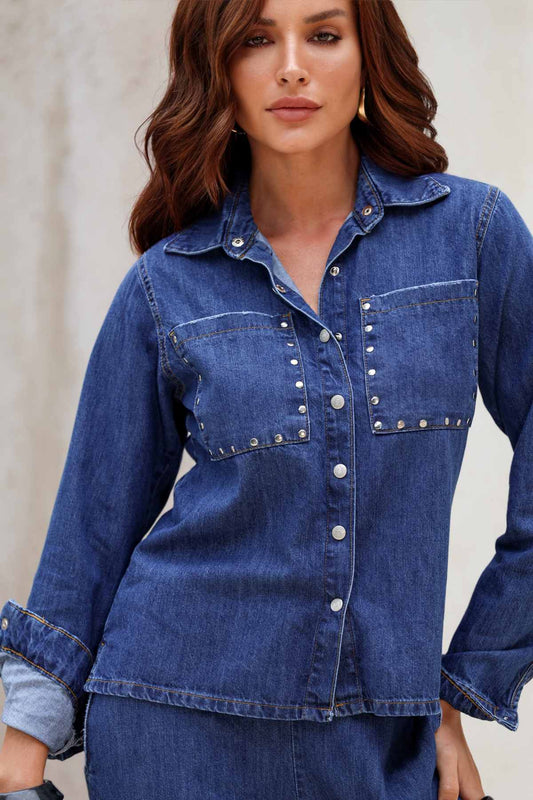 Camisa Jeans Frysaide Azul Bolsos Com Rebites