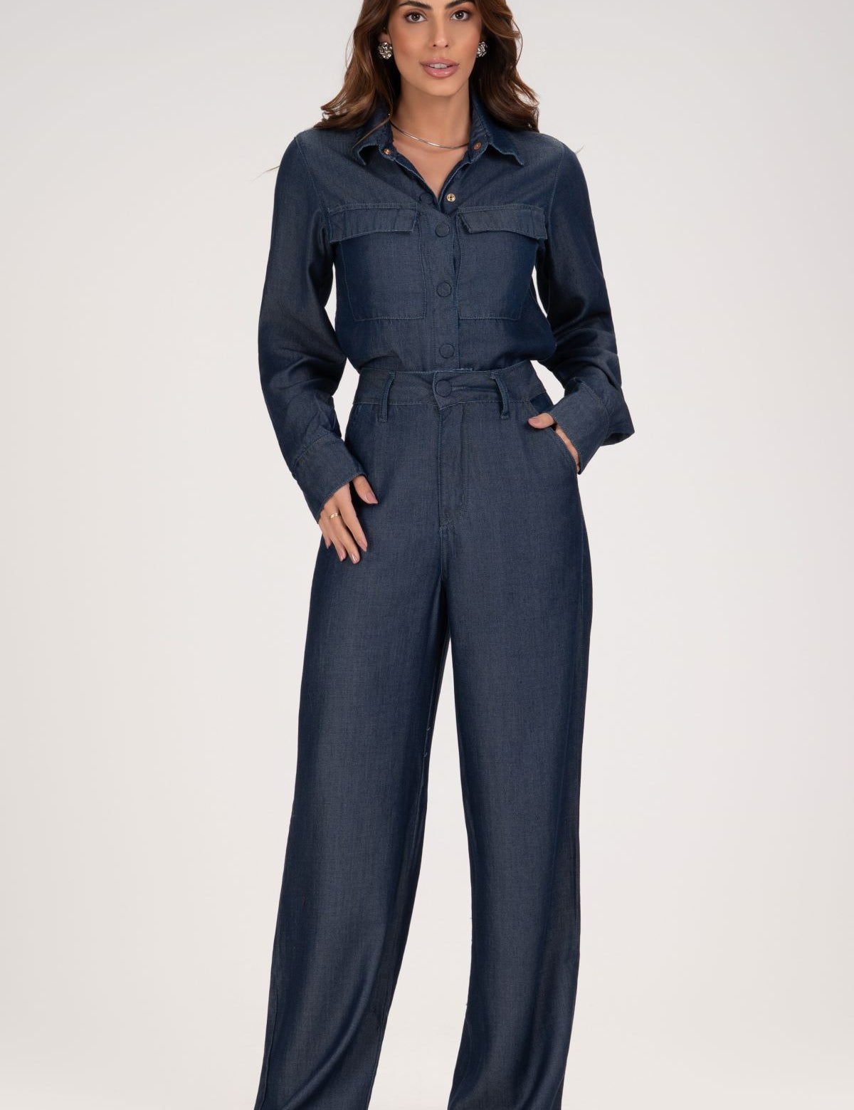 Camisa Jeans Frysaide Azul Bolsos Frontais