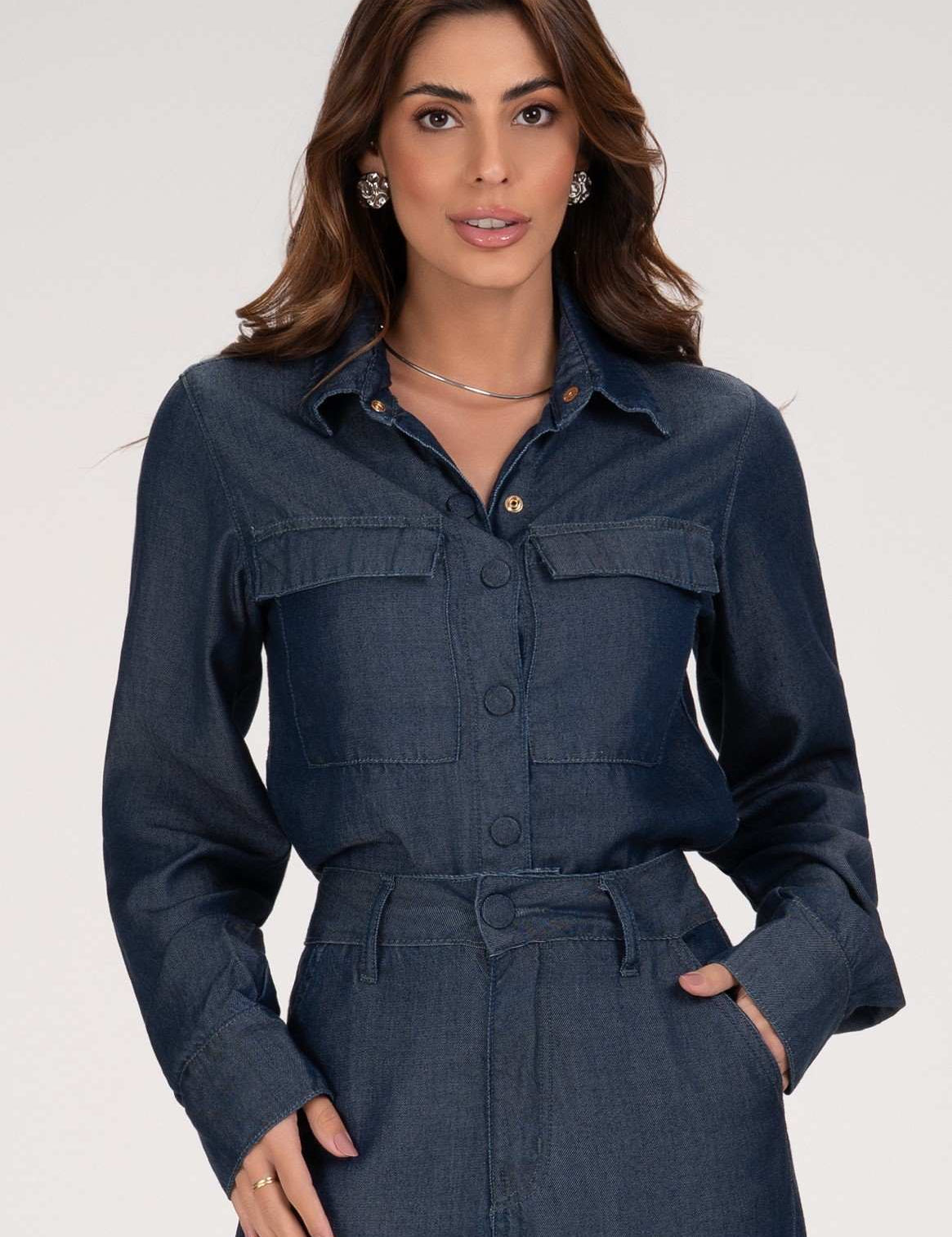 Camisa Jeans Frysaide Azul Bolsos Frontais