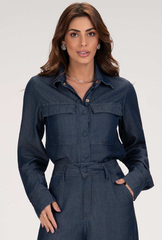 Camisa Jeans Frysaide Azul Bolsos Frontais