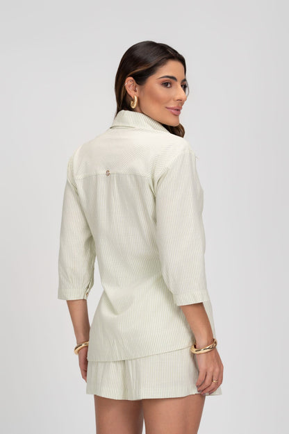 Camisa Listras Verde Com Botões Perolados Frysaide