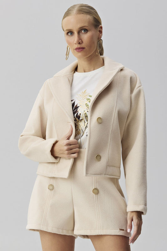 Casaco Meia Loka Bege Lã Batida Com Botões