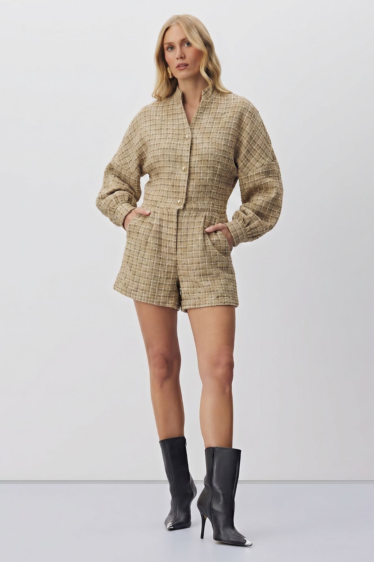 Casaco Meia Loka Caramelo Tweed Xadrez Botões