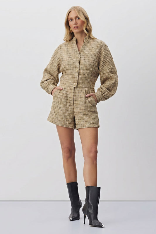 Casaco Meia Loka Caramelo Tweed Xadrez Botões
