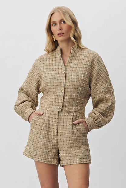 Casaco Meia Loka Caramelo Tweed Xadrez Botões