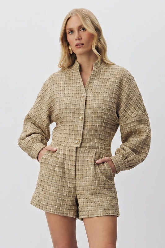 Casaco Meia Loka Caramelo Tweed Xadrez Botões